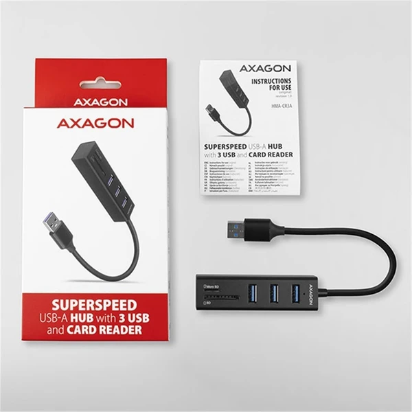 AXAGON HMACR3A USB 3.2 Gen 1 húb porty 3x USBA + čítačka kariet SD/microSD kovový kábel USBA 20 - USB huby - Obrázok R77HF00101