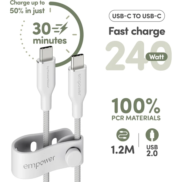 PanzerGlass USB-C/USB-C napájací kábel 240W 1,2m biely - Káble a redukcie - Obrázok R83J000K01