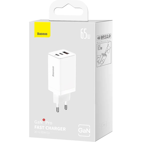 Rýchlonabíjačka do siete Baseus GaN5 Pro 65W 2x USB-C, 1x USB biela - Nabíjačky - Obrázok RFGE000L01