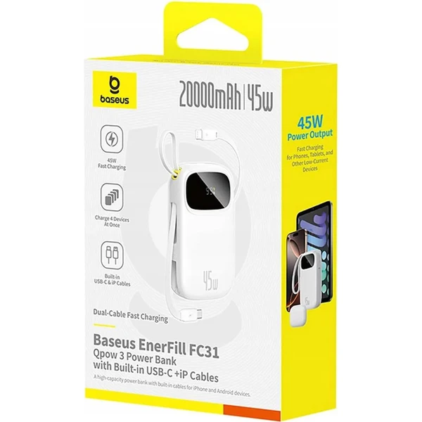 Baseus EnerFill FC31 Qpow 3 20000mAh powerbanka, 45W, s káblom USB-C a Lightning biela - Powerbanky - Obrázok RMBQ000K01