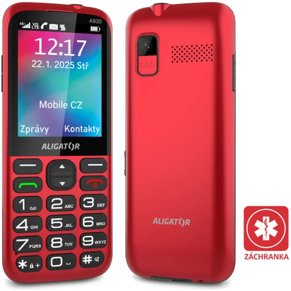 Aligator A930 GPS 4G Senior mobilný telefón s aplikáciou Záchranka (s nabíjacím stojanom) červený - Mobilné telefóny - Hlavný obrázok