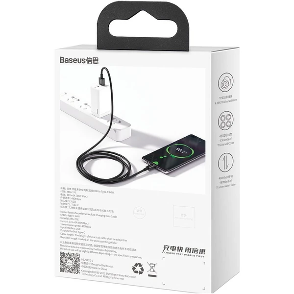 Baseus Superior USB-A/USB-C napájací kábel 66W 1m čierny - Káble a redukcie - Obrázok S76E300401