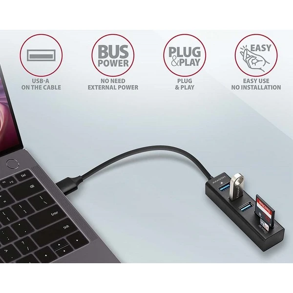 AXAGON HMACR3A USB 3.2 Gen 1 húb porty 3x USBA + čítačka kariet SD/microSD kovový kábel USBA 20 - USB huby - Obrázok S77HF00101