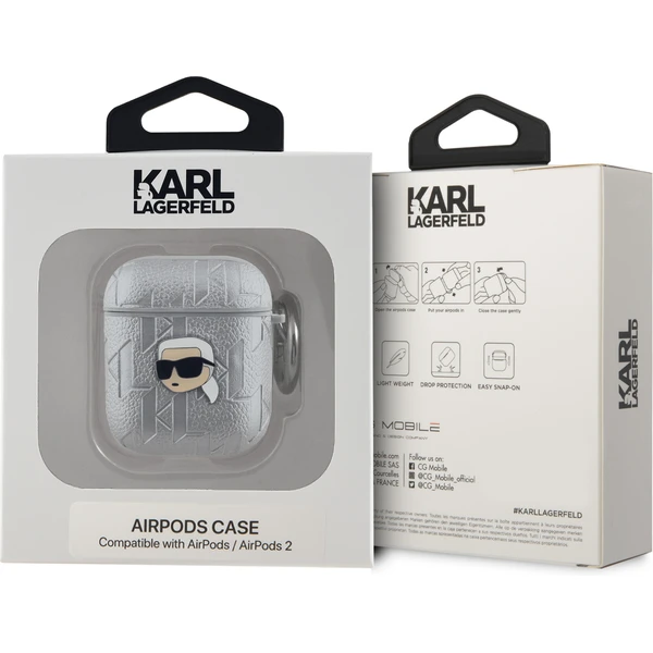 Karl Lagerfeld PU Embossed Karl Head puzdro AirPods 1/2 strieborné - Puzdra - Obrázok SAT6000L01