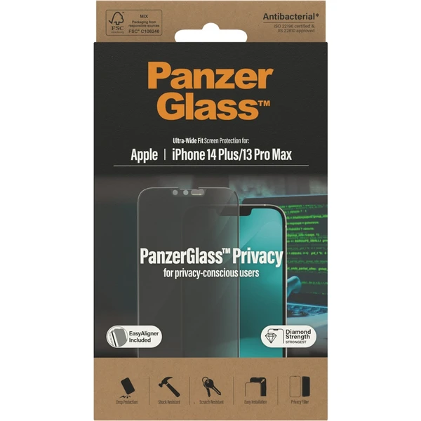 PanzerGlass™ Ultra-Wide Fit Privacy iPhone 14 Plus/13 Pro Max s inštalačným rámčekom - Ochranné fólie a sklo - Obrázok SHKG100501