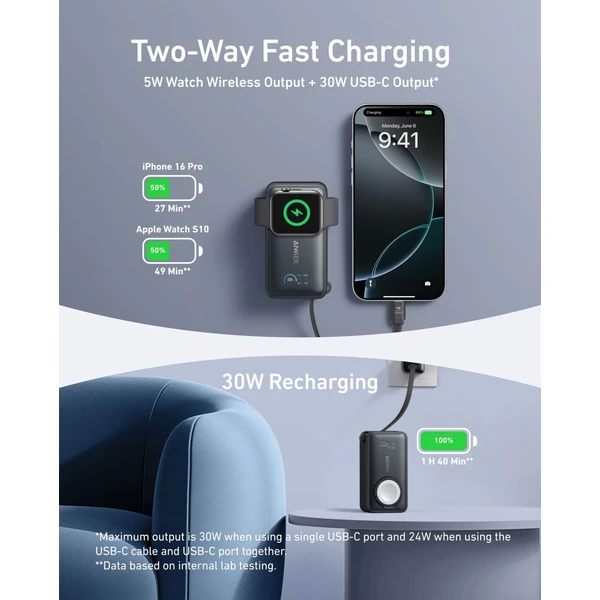 Anker MagGo powerbanka pre Apple Watch (10000mAh) 35W s káblom USB-C čierna - Powerbanky - Obrázok SI9R000K01
