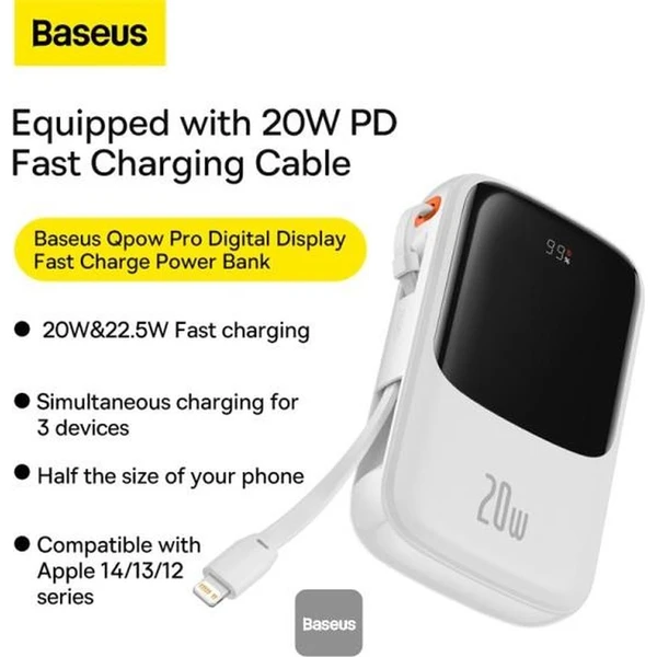 Baseus Qpow Pro 10000mAh, 20W, s káblom Lightning biela - Powerbanky - Obrázok SVHL000K01