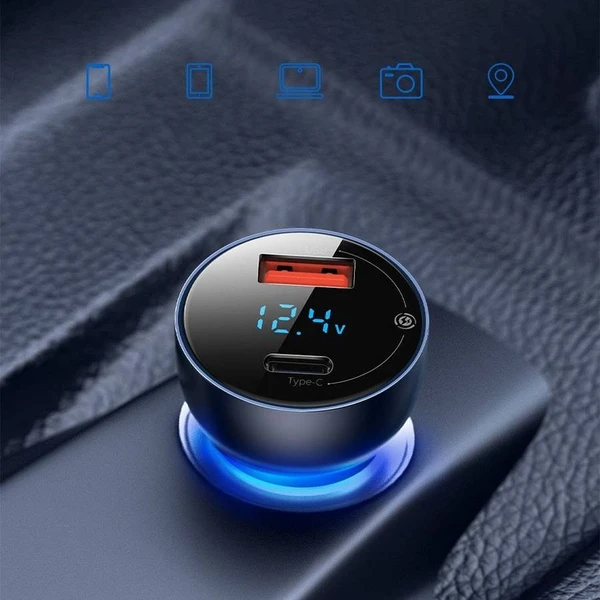 BASEUS car charger USB A + Type C s digitálnym displejom PD3.0 QC4.0 5A 65W CCKX-C0A/VCKX65C dark bl - Nabíjačky - Obrázok T1T5000N01