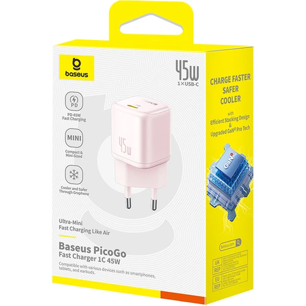 Rýchlonabíjačka do siete Baseus PicoGo GaN 45W USB-C PD ružová - Nabíjačky - Obrázok TEGE000L01