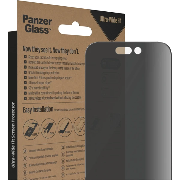 PanzerGlass™ Ultra-Wide Fit Privacy iPhone 14 Pro s inštalačným rámčekom - Ochranné fólie a sklo - Obrázok TFKG100501