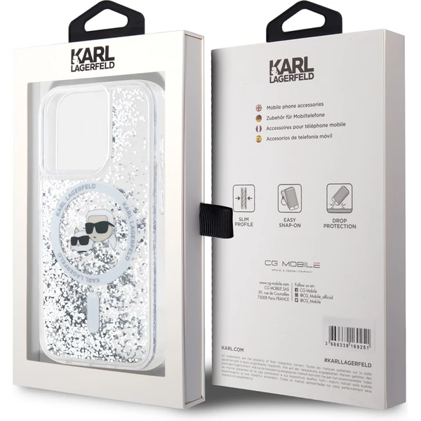 Karl Lagerfeld Liquid Glitter Karl and Choupette Heads MagSafe zadný kryt pre iPhone 15 Pre číry - Puzdra - Obrázok THS6000L01