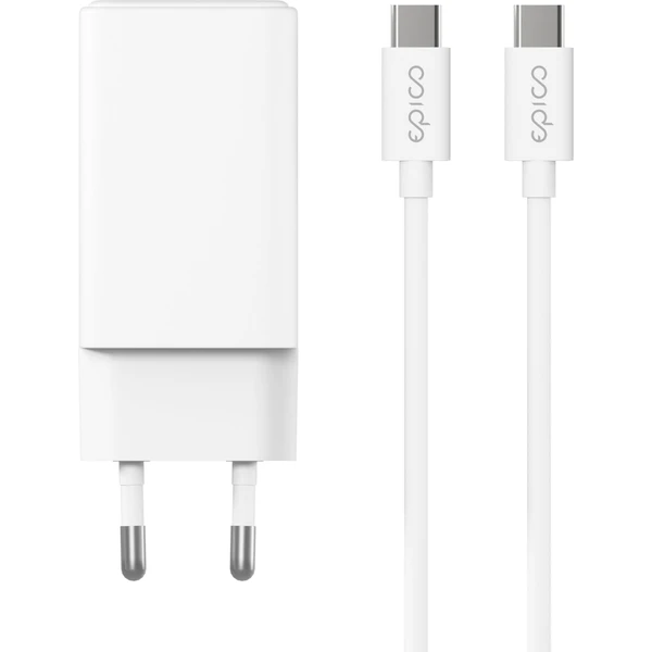 Epico UltraBoost GaN 65W sieťový adaptér EA65 s 1,2 m USB-C na USB-C káblom biely - Nabíjačky - Obrázok U3DE000L01