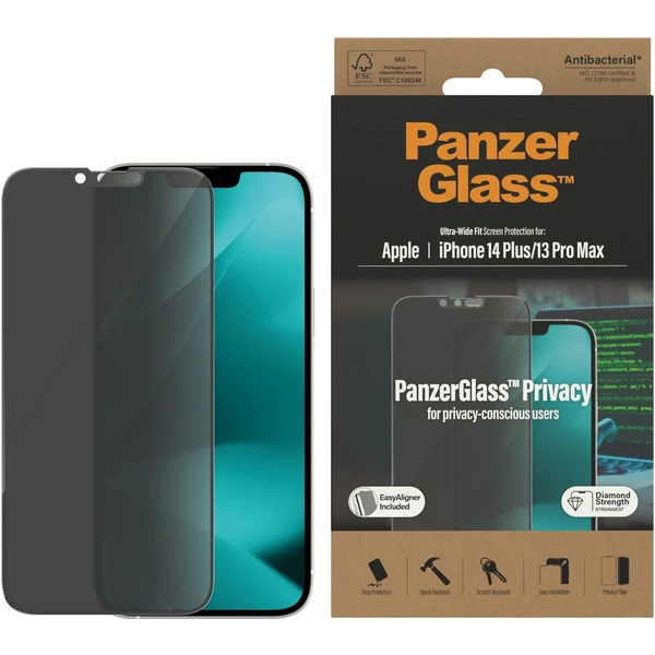 PanzerGlass™ Ultra-Wide Fit Privacy iPhone 14 Plus/13 Pro Max s inštalačným rámčekom - Ochranné fólie a sklo - Obrázok UHKG100501