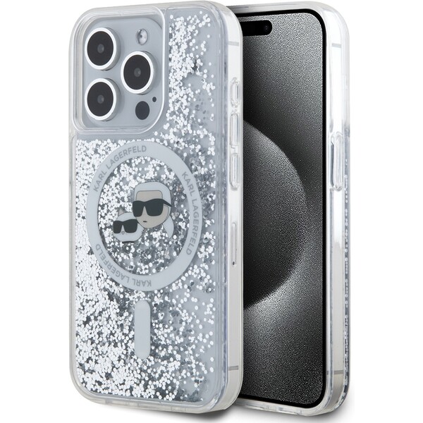 E-shop Karl Lagerfeld Liquid Glitter Karl and Choupette Heads MagSafe zadný kryt pre iPhone 15 Pre číry