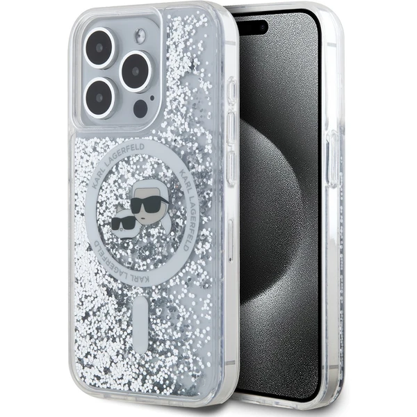 Karl Lagerfeld Liquid Glitter Karl and Choupette Heads MagSafe zadný kryt pre iPhone 15 Pre číry - Puzdra - Hlavný obrázok