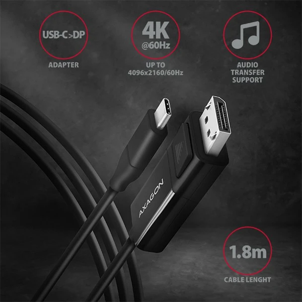 AXAGON USB-C/DisplayPort 1.2 kábel 4K 1,8m čierny - Káble a redukcie - Obrázok UI7HF00101