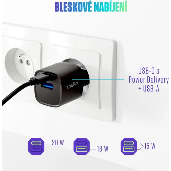 Spello ForceBoost GaN 20W nabíjací adaptér čierny - Nabíjačky - Obrázok V1LL000K01
