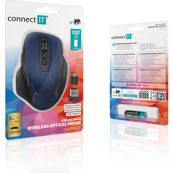 CONNECT IT Dual SmartSwitch bezdrôtová myš, USB-A + C (+1x AA batéria zadarmo) modrá - Myši - Obrázok V2N0000P01
