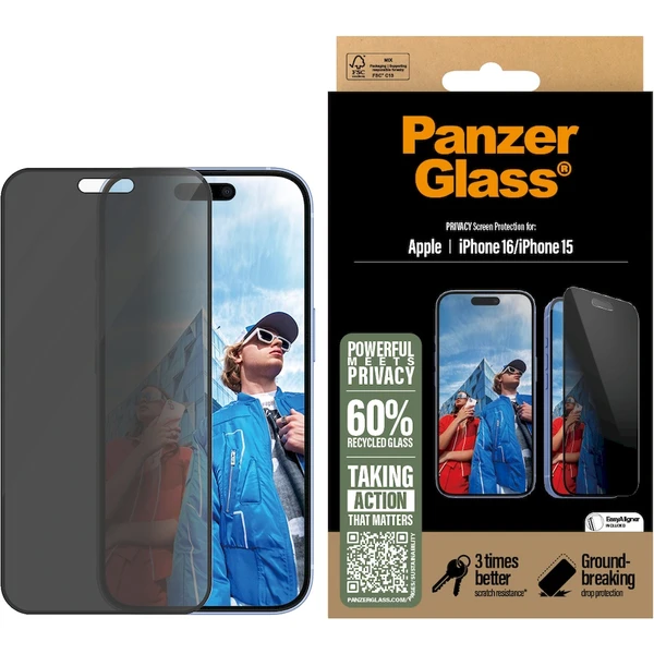 PanzerGlass® Privacy Apple iPhone 16/15 s inštalačným rámčekom - Ochranné fólie a sklo - Obrázok VE08000P01