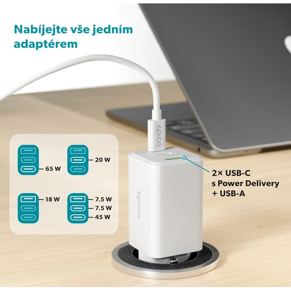 Epico UltraBoost GaN 65W sieťový adaptér EA65 s 1,2 m USB-C na USB-C káblom biely - Nabíjačky - Obrázok W0LL000K01