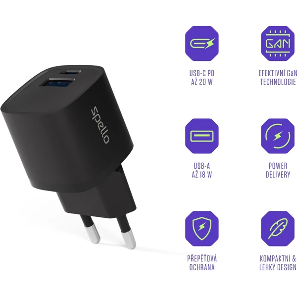 Spello ForceBoost GaN 20W nabíjací adaptér čierny - Nabíjačky - Obrázok W1LL000K01