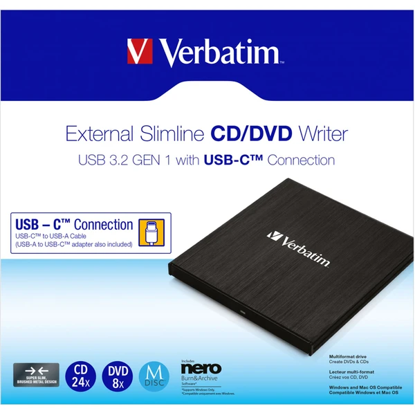 VERBATIM externá mechanika DVD-RW napaľovačka USB-C, čierna + NERO - Optické mechaniky - Obrázok W353000O01
