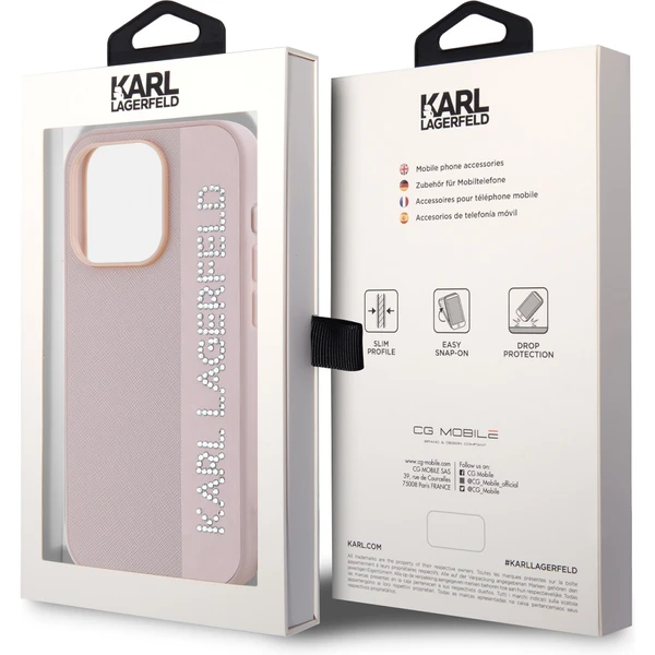 Karl Lagerfeld PU Saffiano Rhinestone Charm zadný kryt iPhone 15 Pro Max ružový - Puzdra - Obrázok W4N5000J01