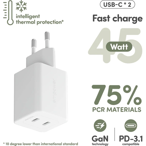 PanzerGlass® empower nabíjačka Turbo GaN (45 W) 2x USB-C, biela - Nabíjačky - Obrázok W53J000K01