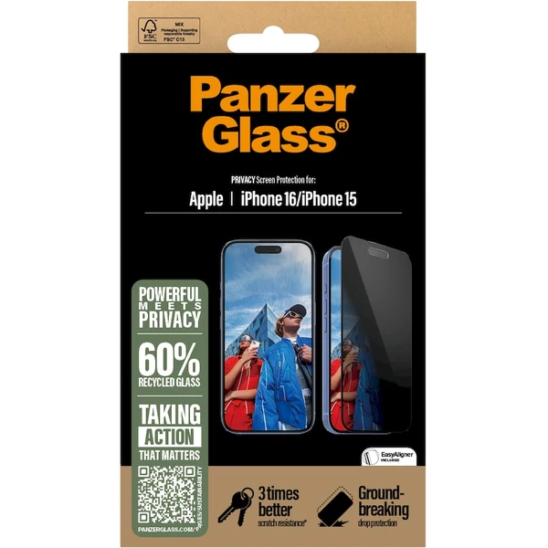 PanzerGlass® Privacy Apple iPhone 16/15 s inštalačným rámčekom - Ochranné fólie a sklo - Obrázok WE08000P01