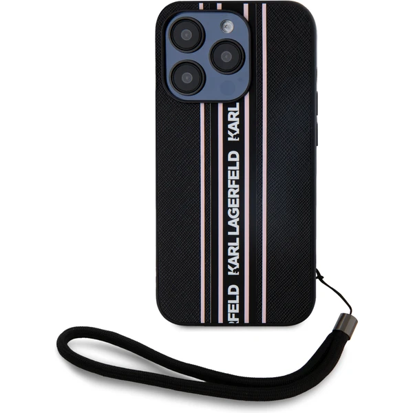 Karl Lagerfeld PU Saffiano Athleisure Stripe and Strap zadný kryt iPhone 15 Pre ružový - Puzdra - Hlavný obrázok