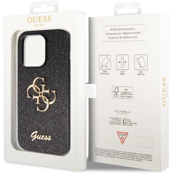 Guess PU Fixed Glitter 4G Metal Logo kryt iPhone 15 Pro Max čierny - Puzdra - Obrázok WRX4000701