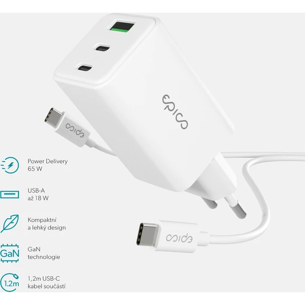 Epico UltraBoost GaN 65W sieťový adaptér EA65 s 1,2 m USB-C na USB-C káblom biely - Nabíjačky - Obrázok X0LL000K01