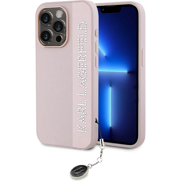 Karl Lagerfeld PU Saffiano Rhinestone Charm zadný kryt iPhone 15 Pro Max ružový - Puzdra - Hlavný obrázok