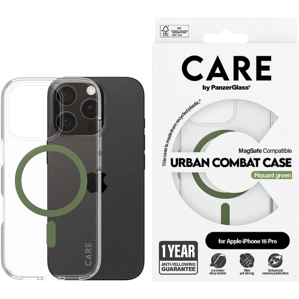 PanzerGlass® CARE kryt Apple iPhone 16 Pro MagSafe Urban Combat číry/zelený - Puzdra - Obrázok X508000P01