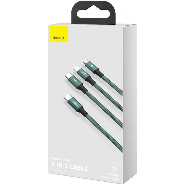 Baseus Dátový kábel Rapid 3v1 USB-C/microUSB, Lightning, USB-C 1,5m PD 20W zelený - Káble - Obrázok X5R4000J01
