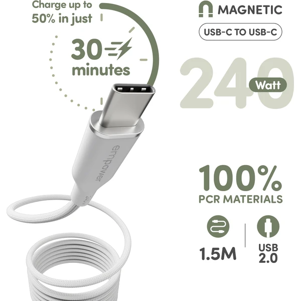 PanzerGlass USB-C/USB-C magnetický napájací kábel 240W 1,5m biely - Káble a redukcie - Obrázok X63J000K01