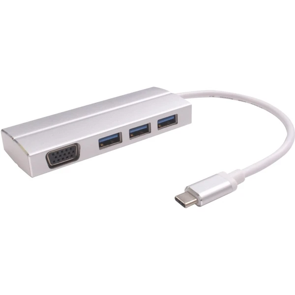 PremiumCord Adaptér USB 3.1 Type-C male na VGA female + 3x USB 3.0 strieborný - USB huby - Hlavný obrázok