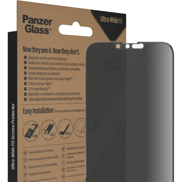 PanzerGlass™ Ultra-Wide Fit Privacy iPhone 14 Plus/13 Pro Max s inštalačným rámčekom - Ochranné fólie a sklo - Obrázok XHKG100501