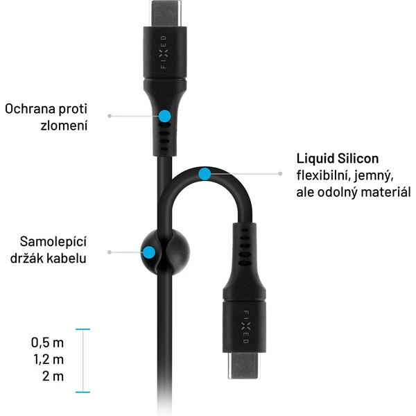 FIXED Tekutý silikónový USB-C/USB-C napájací kábel 60W 1,2m čierny - Káble a redukcie - Obrázok XLS1000601