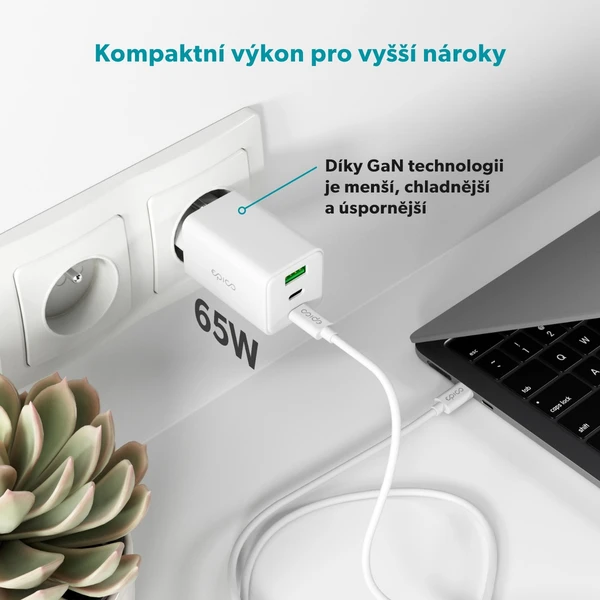Epico UltraBoost GaN 65W sieťový adaptér EA65 s 1,2 m USB-C na USB-C káblom biely - Nabíjačky - Obrázok Y0LL000K01