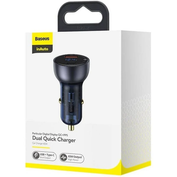 BASEUS car charger USB A + Type C s digitálnym displejom PD3.0 QC4.0 5A 65W CCKX-C0A/VCKX65C dark bl - Nabíjačky - Obrázok Y1T5000N01