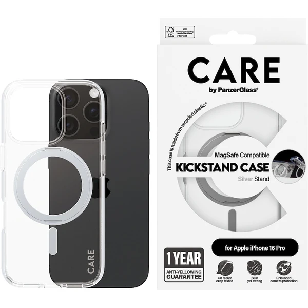 PanzerGlass® CARE kryt Apple iPhone 16 Pro MagSafe KickStand číry/sivý - Puzdra - Obrázok Y408000P01