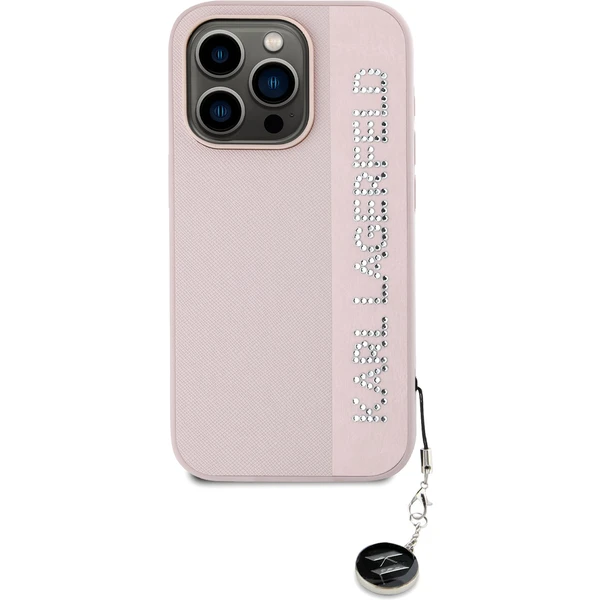 Karl Lagerfeld PU Saffiano Rhinestone Charm zadný kryt iPhone 15 Pro Max ružový - Puzdra - Obrázok Y4N5000J01