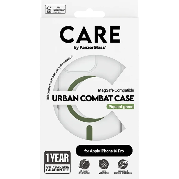 PanzerGlass® CARE kryt Apple iPhone 16 Pro MagSafe Urban Combat číry/zelený - Puzdra - Obrázok Y508000P01