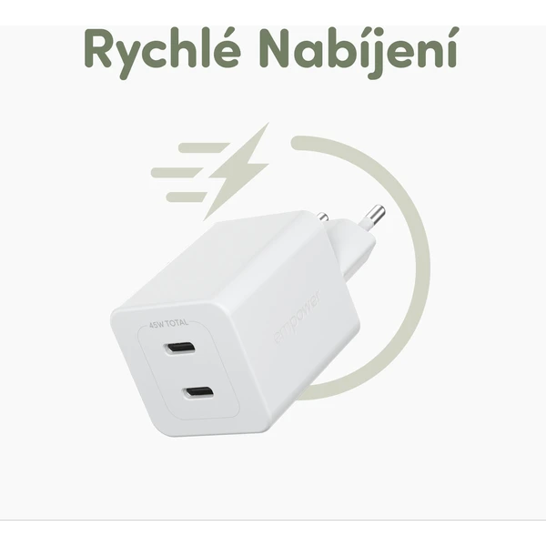 PanzerGlass® empower nabíjačka Turbo GaN (45 W) 2x USB-C, biela - Nabíjačky - Obrázok Y53J000K01