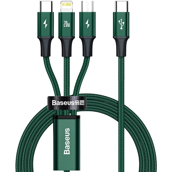 Baseus Dátový kábel Rapid 3v1 USB-C/microUSB, Lightning, USB-C 1,5m PD 20W zelený - Káble - Hlavný obrázok