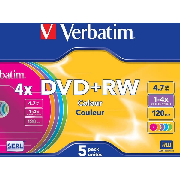 VERBATIM DVD+RW(5 ks)Slim/Colour//4x/DLP/4.7GB - Optické disky - Obrázok Y8P2000P01