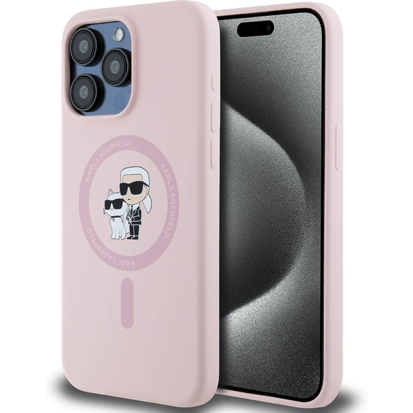 Karl Lagerfeld Liquid Silicone Karl and Choupette Magsafe zadný kryt iPhone 15 Pre ružový - Puzdra - Hlavný obrázok