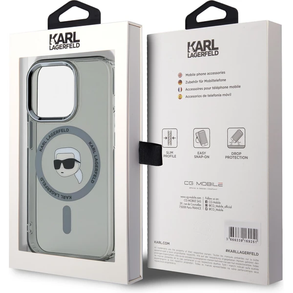 Karl Lagerfeld IML Karl Head Metal Frame MagSafe zadný kryt pre iPhone 15 Pro Max čierny - Puzdra - Obrázok YJS6000L01