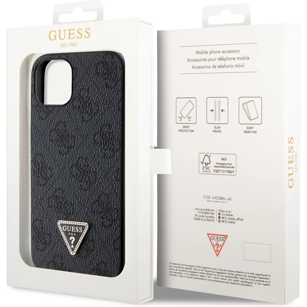 Guess PU 4G Strass Triangle Metal Logo kryt iPhone 15 čierny - Puzdra - Obrázok YWX4000701